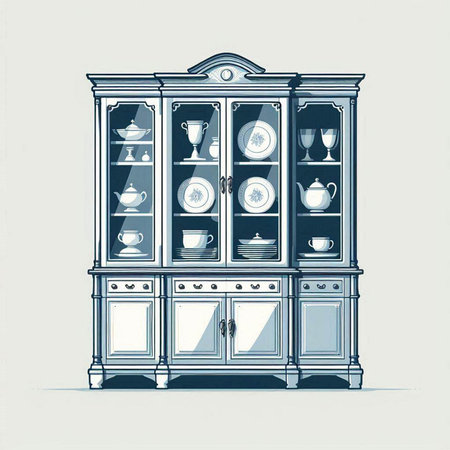 Vintage cabinet with dishes and cups. Vector illustration. Hand drawingのイラスト素材
