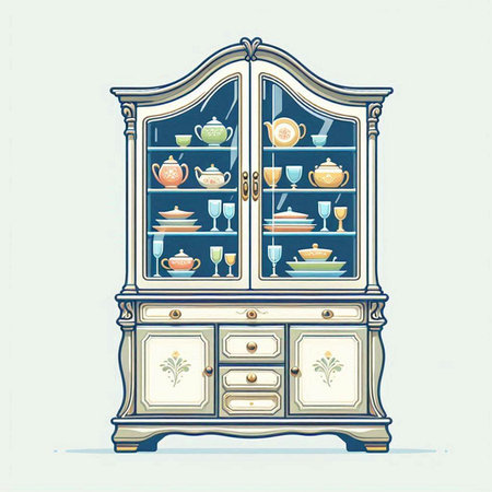 Vintage cupboard with dishes and crockery. Vector illustration.のイラスト素材