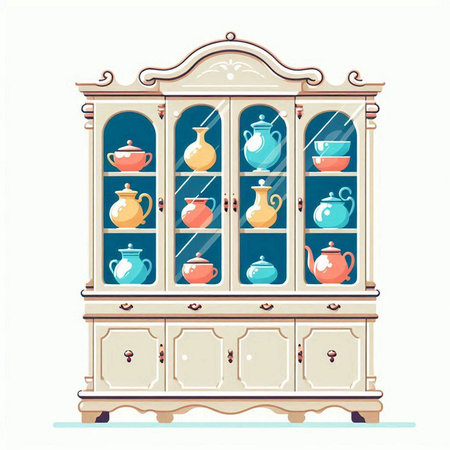 Vintage cupboard with porcelain dishes. Vector illustration.のイラスト素材