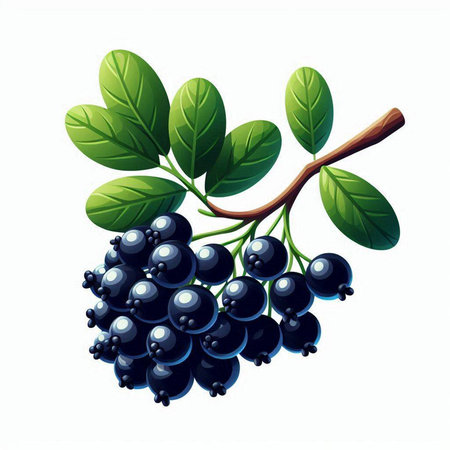 Bunch of ripe black currant with green leaves isolated on white backgroundのイラスト素材