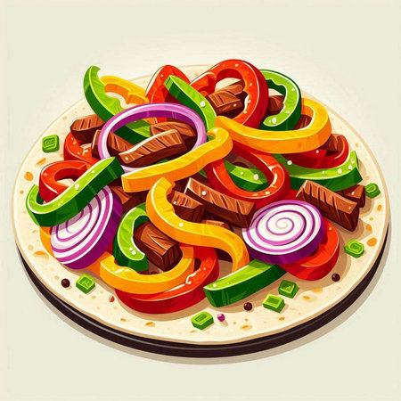 Pizza with beef and vegetables. Vector illustration. Eps 10.のイラスト素材