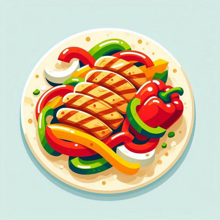 Grilled chicken fillet with vegetables on plate. Vector illustration.のイラスト素材