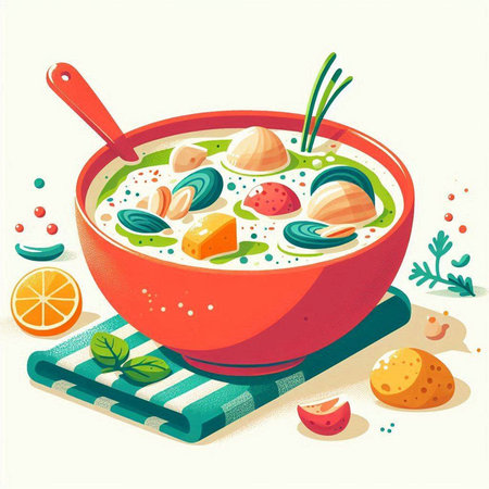 Vector illustration of a bowl of soup with clams, carrots and other vegetablesのイラスト素材