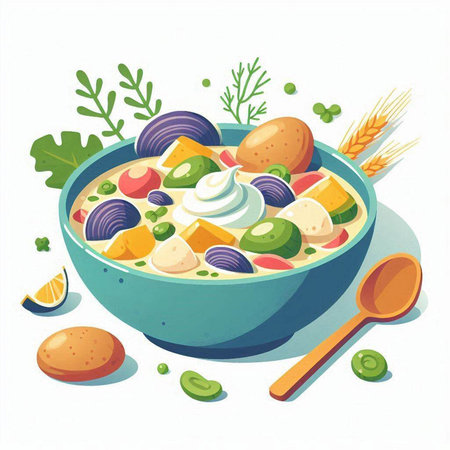 Vector illustration of a bowl of soup with vegetables and sour cream.のイラスト素材