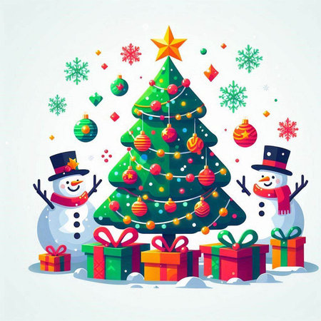 Christmas tree, snowman, gift and snowflakes. Vector illustration.のイラスト素材