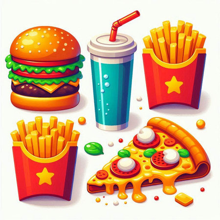 Fast food icon set with hamburger, pizza, french fries, soda and drink.のイラスト素材