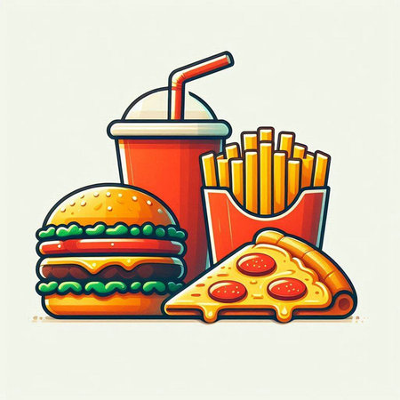 Fast food vector illustration. Hamburger, pizza, french fries and cola.のイラスト素材