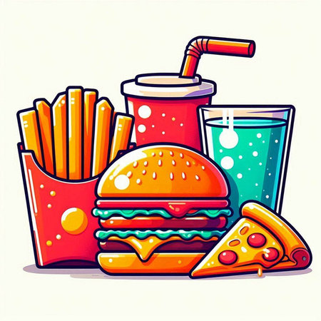 Fast food vector illustration. Hamburger, french fries, soda and pizza.のイラスト素材
