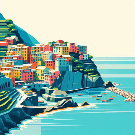 Retro style illustration of Riomaggiore, Italy.のイラスト素材