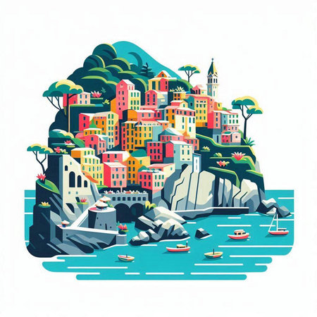 Vector illustration of a small town on the coast of the sea.のイラスト素材