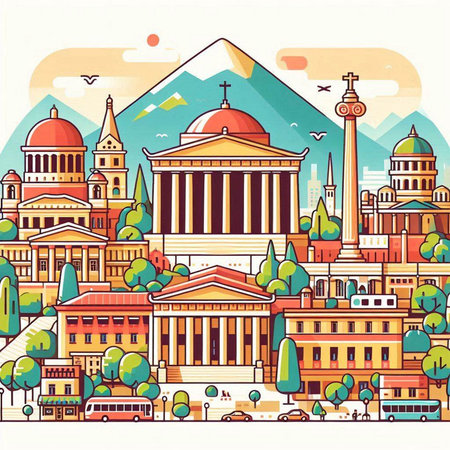 Cityscape of the capital of Georgia. Vector illustration in flat styleのイラスト素材