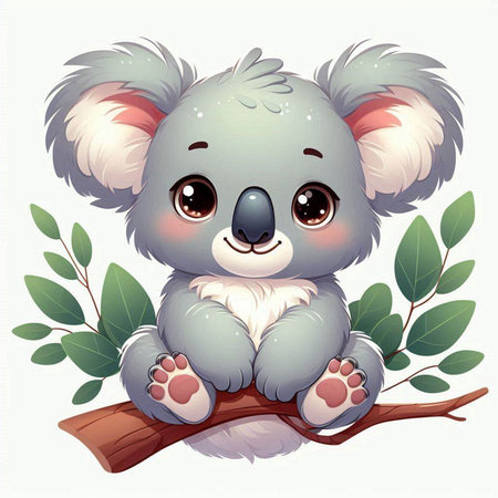 Cute cartoon koala sitting on a tree branch. Vector illustration.のイラスト素材