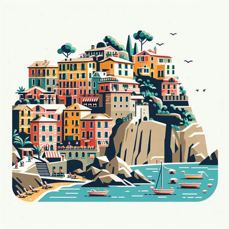 Cinque Terre, Liguria, Italy. Colorful vector illustrationのイラスト素材