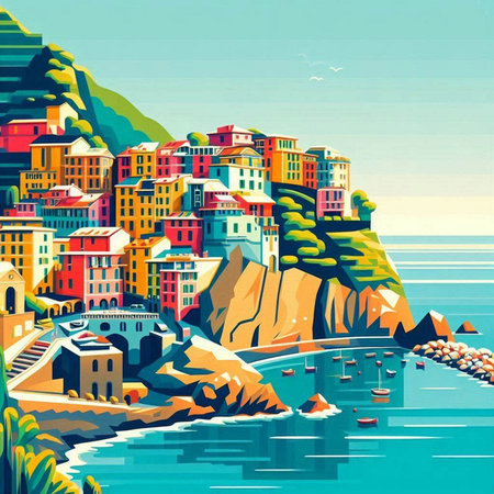 Vintage style vector illustration of a beautiful Italian town on the coastのイラスト素材