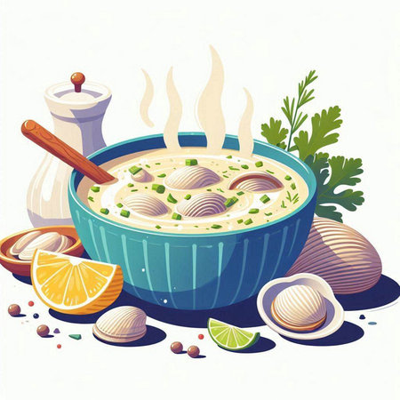 Illustration of a bowl of soup with dumplings and ingredientsのイラスト素材