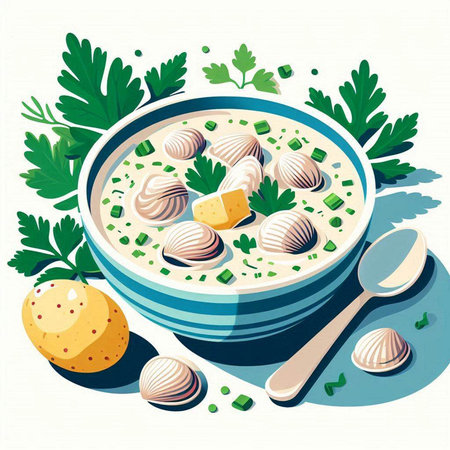 Creamy soup with dumplings and parsley. Vector illustration.のイラスト素材