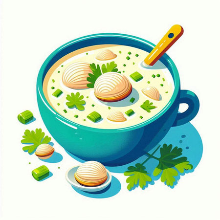 Creamy soup with dumplings and parsley on a white backgroundのイラスト素材