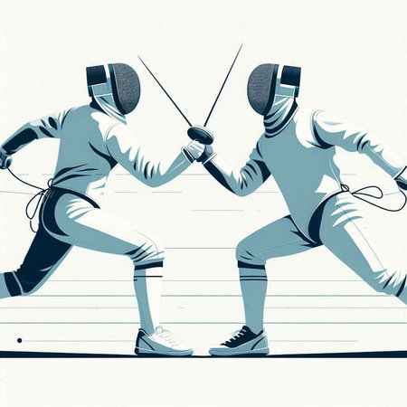 Two fencers fighting in a fencing duel with a sword. Vector illustration.のイラスト素材