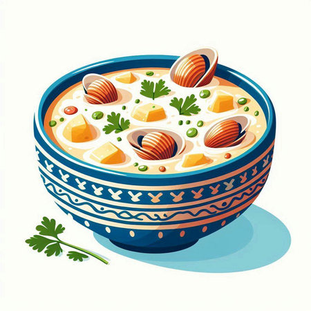 Creamy soup with clams in a bowl, vector illustrationのイラスト素材