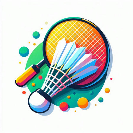 Badminton racket and shuttlecock on colorful background. Vector illustration.のイラスト素材