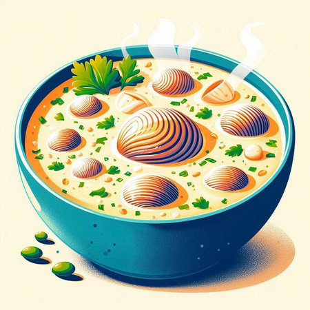 Creamy soup with dumplings in a blue bowl.のイラスト素材
