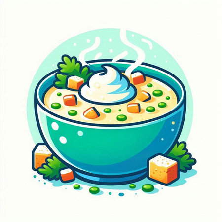 Bowl of soup with vegetables and cream. Vector illustration in cartoon style.のイラスト素材