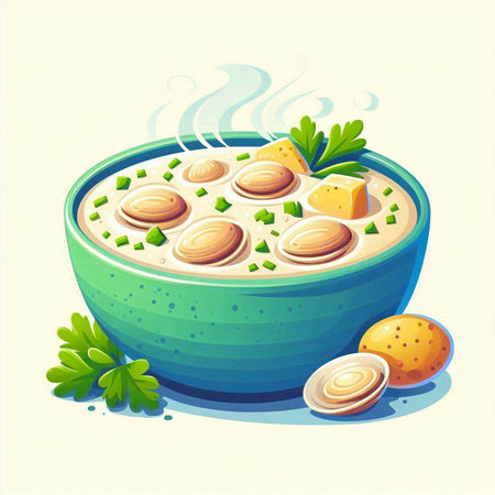 Illustration of a bowl of soup with scallops and parsleyのイラスト素材