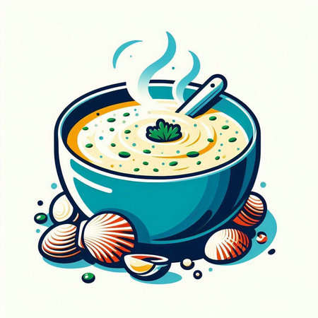 Cream soup in a bowl with clams. Vector illustration.のイラスト素材