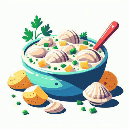 Vector illustration of soup with dumplings and dumplings in a bowlのイラスト素材