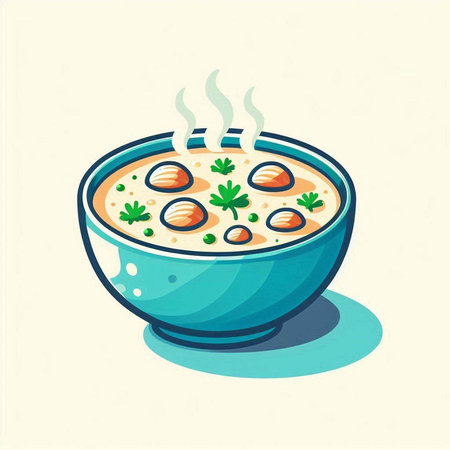 Bowl of soup with meatballs and parsley. Vector illustration.のイラスト素材