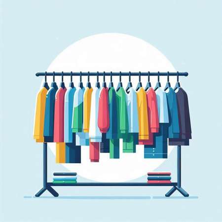 Clothes hanging on rack. Vector illustration in flat cartoon style.のイラスト素材
