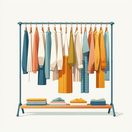 Wardrobe rack with different clothes. Vector illustration in flat style.のイラスト素材