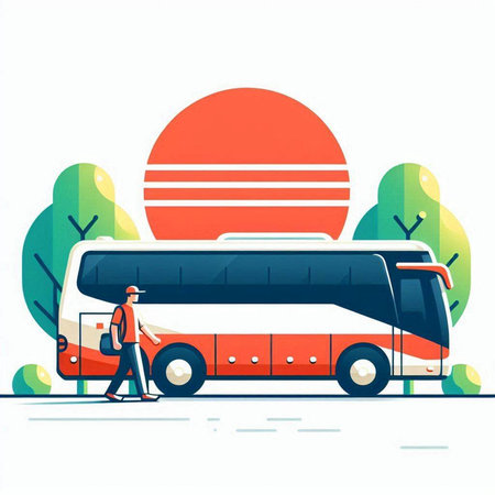 Tourist with backpack on a bus. Vector illustration in flat styleのイラスト素材