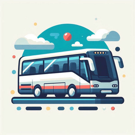 Vector illustration of a bus on the background of the sky with cloudsのイラスト素材