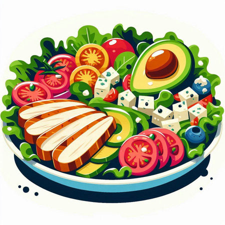 Salad with avocado, tomato, cheese and cucumber. Vector illustration.のイラスト素材