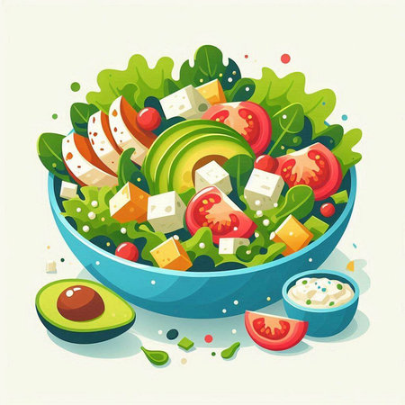 Salad with avocado, feta cheese, cherry tomatoes and arugula. Healthy food. Vector illustrationのイラスト素材