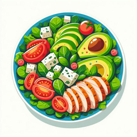 Salad with avocado, tomatoes and feta cheese on a plate. Vector illustrationのイラスト素材
