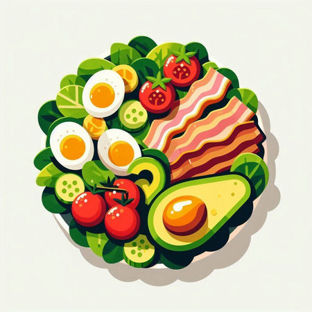 Vector illustration of a breakfast plate with bacon, eggs, tomato, avocado and lettuceのイラスト素材