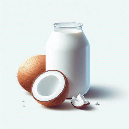 Milk in a glass bottle and coconut on a white background.のイラスト素材