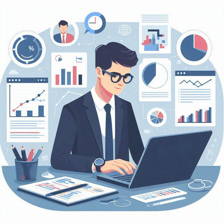 Businessman working with laptop and documents. Vector illustration in flat styleのイラスト素材