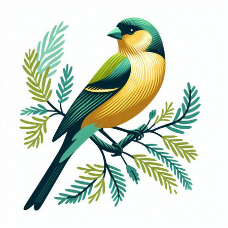 Vector illustration of a bullfinch sitting on a branch with green leaves.のイラスト素材