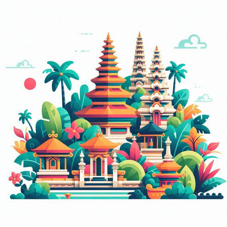 Buddhist temple in the jungle. Vector illustration in flat styleのイラスト素材
