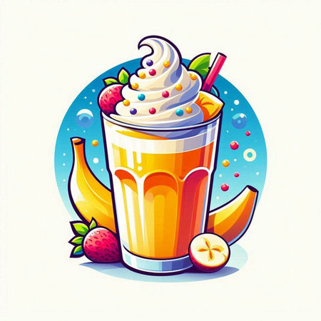 Vector illustration of milkshake with whipped cream, banana and strawberriesのイラスト素材