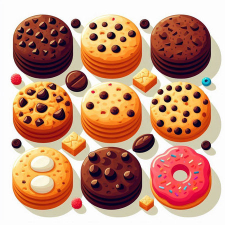 Cartoon vector illustration of chocolate chip cookies with different fillings.のイラスト素材