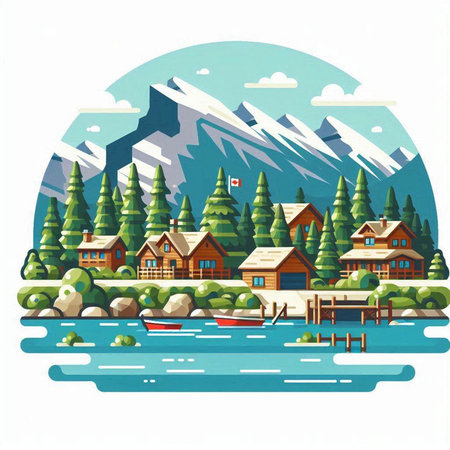 Landscape with mountains, lake and houses. Vector illustration in flat styleのイラスト素材