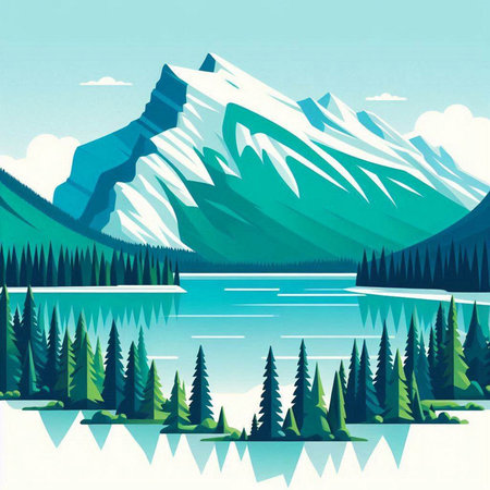 Mountains, lake and coniferous forest. Vector illustration.のイラスト素材