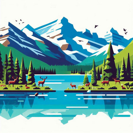 Mountains and lake with reindeers. Vector illustration in cartoon style.のイラスト素材