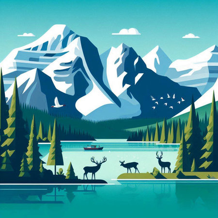 Mountain landscape with lake, forest and moose. Vector illustrationのイラスト素材