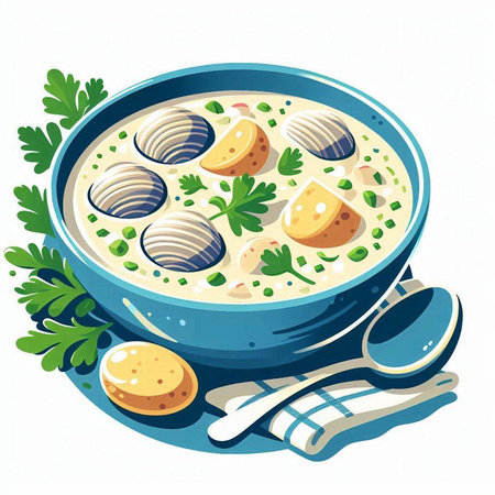 Illustration of a bowl of soup with dumplings and parsleyのイラスト素材