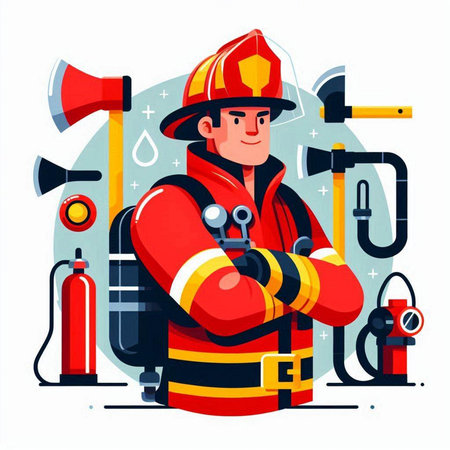 Firefighter character in uniform. Vector illustration in flat cartoon style.のイラスト素材